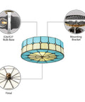 Details of Vintage Tiffany Style Mermaid Glass Ceiling Light Hand Made Flush Mount Lamp For Bedroom Living Room Kitchen Hotel Blue Finish 11.8 Inch Indoor Decor With Colorful Stained Glass Glow And Retro Charm