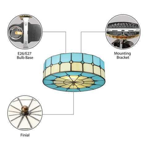 Details of Vintage Tiffany Style Mermaid Glass Ceiling Light Hand Made Flush Mount Lamp For Bedroom Living Room Kitchen Hotel Blue Finish 11.8 Inch Indoor Decor With Colorful Stained Glass Glow And Retro Charm