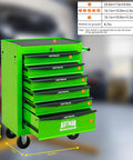 Heavy Duty 21 Inch Lockable Rolling Tool Cabinet With Ball Bearing Slides Sturdy Steel Worktop And Park Lock Casters For No Fuss Garage Organization Green displayed with dimensions.