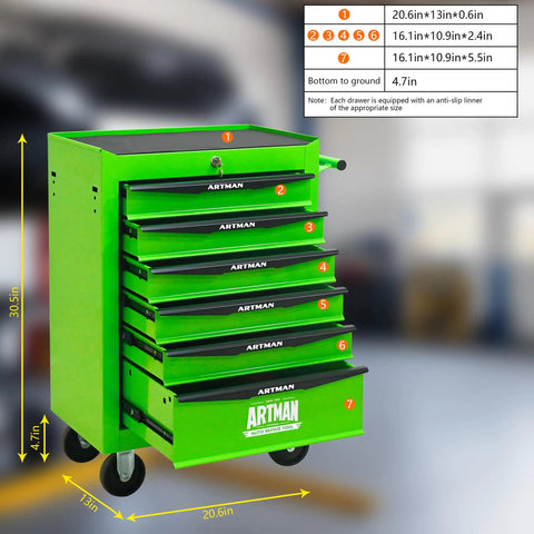 Heavy Duty 21 Inch Lockable Rolling Tool Cabinet With Ball Bearing Slides Sturdy Steel Worktop And Park Lock Casters For No Fuss Garage Organization Green displayed with dimensions.