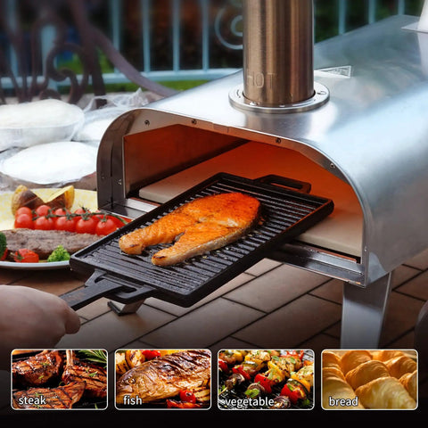 A person using a 12-Inch Multi-Fuel Outdoor Pizza Oven for Backyard Cooking, grilling fish on a cast iron pan.