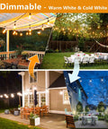 52Ft Outdoor String Lights With Warm White And Cool White Color Change Dope Remote Control And 11 Modes Waterproof Shatterproof 30V LED Bulbs For Patio Garden Party Decor, showcasing dimmable lighting over patios and gardens.