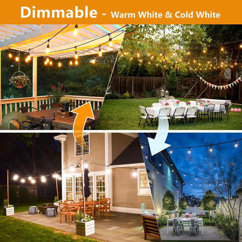 52Ft Outdoor String Lights With Warm White And Cool White Color Change Dope Remote Control And 11 Modes Waterproof Shatterproof 30V LED Bulbs For Patio Garden Party Decor, showcasing dimmable lighting over patios and gardens.