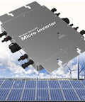 1600W Micro Grid Tie Inverter with WiFi Waterproof MPPT, silver, mounted above solar panels and wind turbines, outdoor view