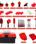 All In One 35 Piece Car Detailing Kit With Windshield Tool Long Wheel Brush Two Angled Brushes Four Polishing Pads And Four Wax Pads Red Tool Box Perfect Gift For Men Who Love DIY Auto Cleaning And Detailing displayed with tools and brushes