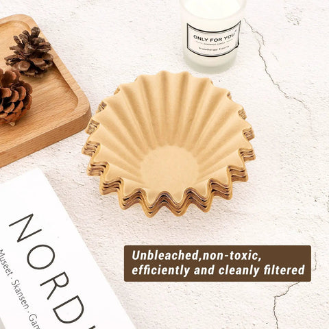 Stack of unbleached 1-2 cup coffee filters pack of 50 for small basket style pour over and drip coffee makers eco friendly natural brown paper