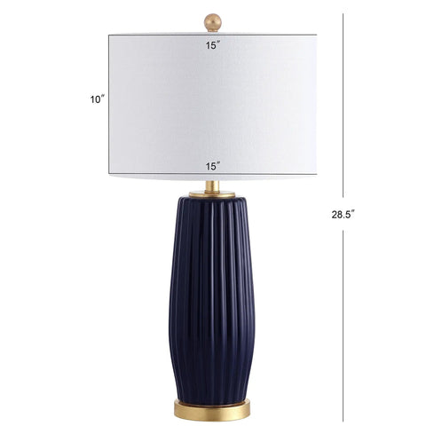 Navy Blue Modern Ceramic Table Lamp 28.5 Inches Tall For Living Room And Bedroom Fluted Bedside Nightstand Light With White Linen Shade And Gold Base LED Bulb Included For A Lit Vibe UL Listed