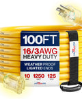 Yard Ready 100 Feet Outdoor Indoor Extension Cord With 16/3 Gauge Heavy Duty 3 Prong SJTW Waterproof Flexible Cold Resistant Long Power Cable 10A 125V 1250W Yellow coiled with lit plug ends