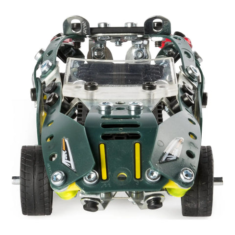 Front view of assembled car from Roadster 5-In-1 Building Kit With 174 Parts, Pull-Back Racer, Real Metal Components For STEM Engineering