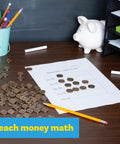 Play Pennies Set Of 100 Plastic Coins Realistic US Currency For Hands On Money Math Practice Pretend Play Resource on desk