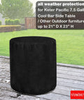 Beefed Up Weatherproof Patio Cooler Bar Table Cover For Keter Pacific 7.5 Gallon Cool Bar 21 Inch Diameter By 23 Inch High Waterproof Outdoor Cover With Tear Resistant And Double Stitched Oxford Fabric For All Weather Protection shown installed