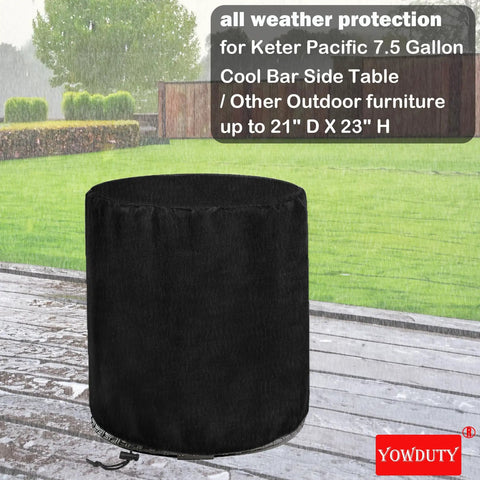 Beefed Up Weatherproof Patio Cooler Bar Table Cover For Keter Pacific 7.5 Gallon Cool Bar 21 Inch Diameter By 23 Inch High Waterproof Outdoor Cover With Tear Resistant And Double Stitched Oxford Fabric For All Weather Protection shown installed