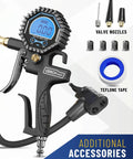 Dual Head Presta Schrader Air Chuck With Digital Tire Gauge And Inflator 3 To 200 PSI with accessories displayed