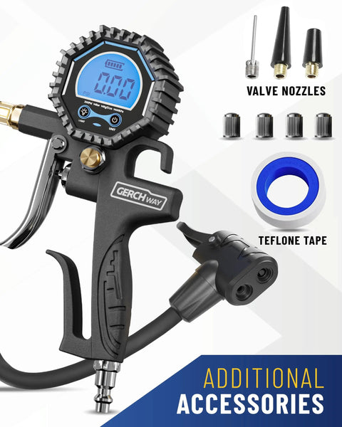 Dual Head Presta Schrader Air Chuck With Digital Tire Gauge And Inflator 3 To 200 PSI with accessories displayed