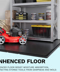 Interior of 6x10 Ft Plastic Storage Shed with organized shelves and lawnmower on enhanced floor