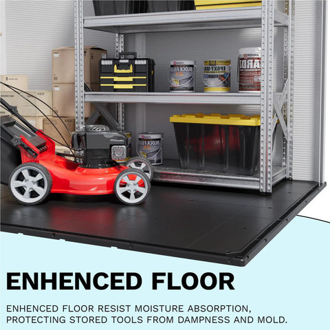 Interior of 6x10 Ft Plastic Storage Shed with organized shelves and lawnmower on enhanced floor