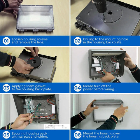Installation steps for switchable 60W 100W and 120W LED wall pack with dusk to dawn sensor, showing housing, wiring, and mounting