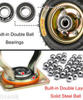 Heavy Duty Pneumatic Caster Wheels Roll Easy On Concrete With Dependable Foot Brakes And Top Notch Shock Absorption For Workbenches Carts Heavy Loads And Material Dollies In Eight Or Ten Inch Builds showing built-in double ball bearings and solid steel ball assemblies.