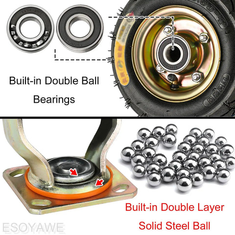 Heavy Duty Industrial Caster Wheels 4 Pack Pneumatic Rubber Tires showing double ball bearings and steel balls for durability.