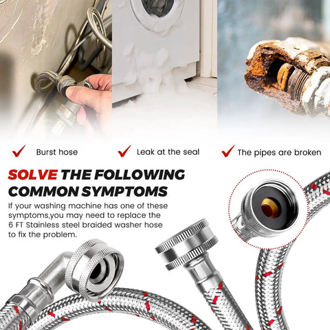 Image showing potential washing machine issues solved by using a 6Ft Stainless Steel Washer Hose With 90 Degree Elbow For All Washers 2 Pack.