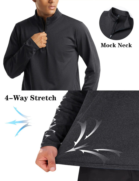 Mens Quarter Zip Fleece Pullover Long Sleeve Thermal Sweatshirt Black With Soft Fleece Liner showcasing 4-way stretch and mock neck