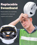 Vented ABS Safety Helmet With Adjustable 6 Point Suspension For Construction Climbing And Industrial Work ANSI Z89.1 Compliant White Protective Headgear With Y Type Chinstrap And All Day Comfort For Boss Level Head Protection being worn by a worker and showing replaceable sweatband.