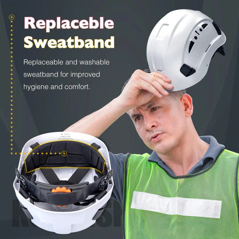 Vented ABS Safety Helmet With Adjustable 6 Point Suspension For Construction Climbing And Industrial Work ANSI Z89.1 Compliant White Protective Headgear With Y Type Chinstrap And All Day Comfort For Boss Level Head Protection being worn by a worker and showing replaceable sweatband.