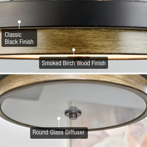 Low Profile Modern LED Ceiling Light 14-Inch with smoked birch wood accents and black finish detail view