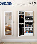 Full-Length Mirror Jewelry Cabinet With LED Interior Lights, Wall Or Door Mounted Armoire, White Jewelry Organizer open view