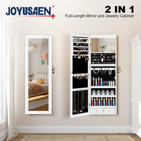 Full-Length Mirror Jewelry Cabinet With LED Interior Lights, Wall Or Door Mounted Armoire, White Jewelry Organizer open view