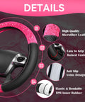 Pink lace leather steering wheel cover with grip design, shown with vehicle wheel, part of Pink Lace Leather Car Seat Covers Full Set.