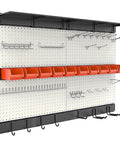 Pegboard Wall Organizer For Garage And Workshop 48 By 36 Inch With 72 Piece Hook And Bin Kit mounted with full setup view