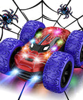 Epic Dual Sided Remote Control Car for Kids LED Lights 4WD Stunt Vehicle with colorful design and spider decor on a web background