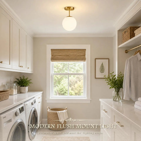 Mid Century Modern Globe Ceiling Light With Frosted Glass Ball And Totally Slick Gold Brass Finish Knockout Semi Flush Mount Fixture Comes With Dimmable E26 Warm Bulb For Hallway Stairs Or Closets in a laundry room setting.