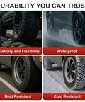Hardcore Pro Tire Repair Glue For Fast Emergency Flat Repairs And Worn Sidewall Cracks Durable All Weather Road Ready Auto Rubber Sealant displayed on tires showing elasticity, waterproof, heat and cold resistance.