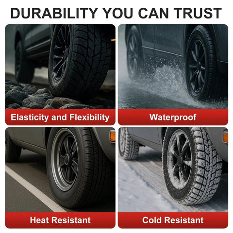 Hardcore Pro Tire Repair Glue For Fast Emergency Flat Repairs And Worn Sidewall Cracks Durable All Weather Road Ready Auto Rubber Sealant displayed on tires showing elasticity, waterproof, heat and cold resistance.