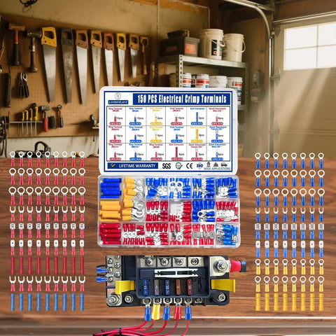 Pro Grade 150 Piece Electrical Terminal Kit with insulated crimp connectors displayed on a workshop table