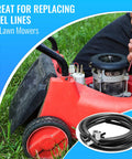 Two hose pinch clamps for fuel lines, 2-pack, beside a coil of black hose on a red lawn mower engine (front view)