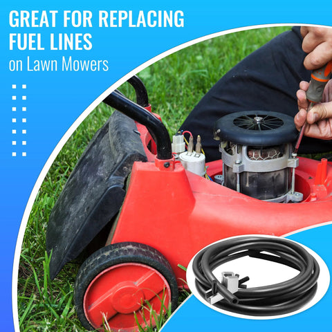 Two hose pinch clamps for fuel lines, 2-pack, beside a coil of black hose on a red lawn mower engine (front view)