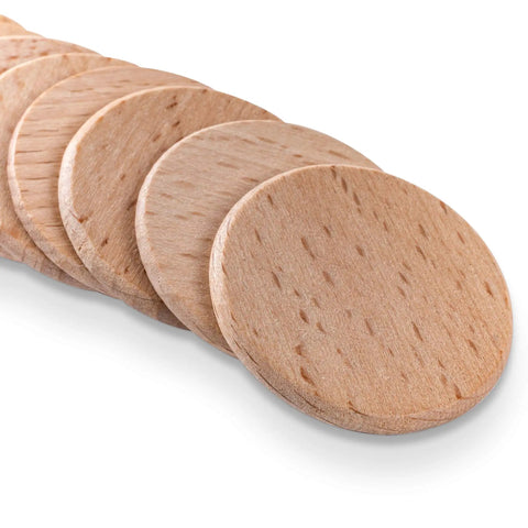 Premium Unfinished Wood Cutout Circles 1.5 Inches stacked, natural wood craft discs for DIY projects and decor.
