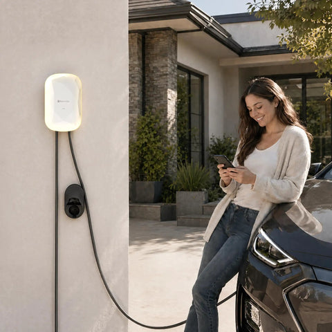 Level 2 Home EV Charger With 48 Amp Hardwired Design on wall, woman using app, electric vehicle charging in driveway.