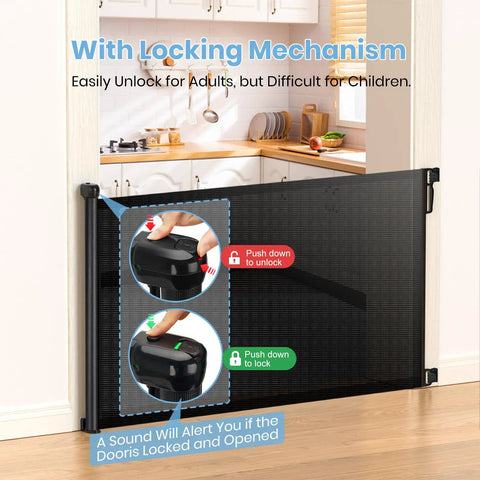 Extra Wide Retractable Baby Gate 33 Inch Tall Extends To 72 Inches Mesh Gate For Kids And Pets With Lock and Alarm in Kitchen