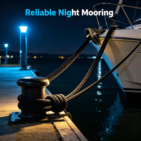 Beefy 3/8 Inch Dock Lines 2 Pack Marine Grade Nylon Rope mooring a boat at night