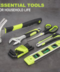 220-Piece Home Tool Set For DIYers And Weekend Warriors, hammer, wrench, scissors, and level on display