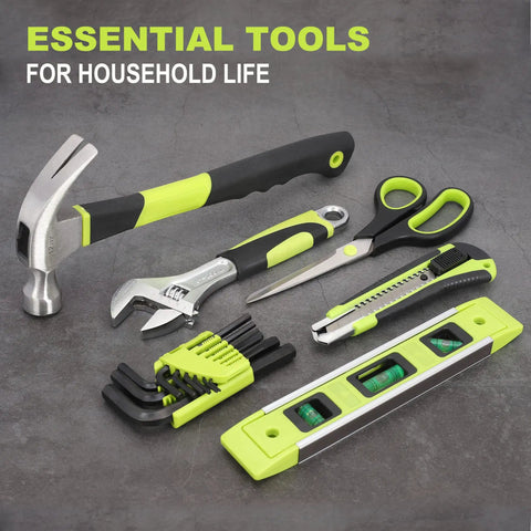 220-Piece Home Tool Set For DIYers And Weekend Warriors, hammer, wrench, scissors, and level on display