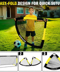 Child holding a Two Pack Easy Fold Portable Pop Up Soccer Goal 6x4 ft in backyard with soccer ball and goal setup steps