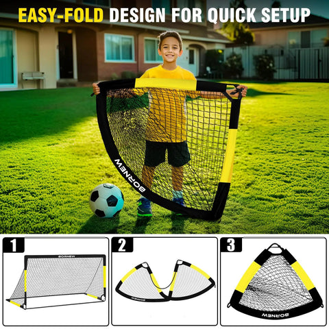 Child holding a Two Pack Easy Fold Portable Pop Up Soccer Goal 6x4 ft in backyard with soccer ball and goal setup steps