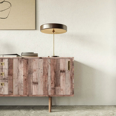 Cinnamon Wood Peel And Stick Wallpaper Self Adhesive Faux Wood Plank For Kitchen Counter And Home Decor on sideboard.