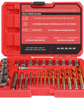 35 Piece Spiral Screw And Bolt Extractor Set With Left Handed Drill Bits Pro Grade Nut Remover in red storage case