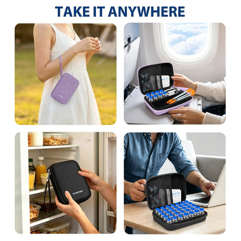 TSA Approved Peptide Travel Case With Vial Holder for 3ml or 1ml vials shown in various travel and storage scenarios.